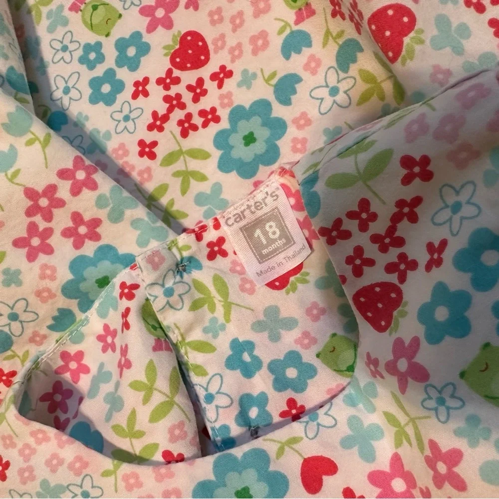Carter's Green Pink and Blue Pleated Sundress with Frogs and Strawberry Hearts